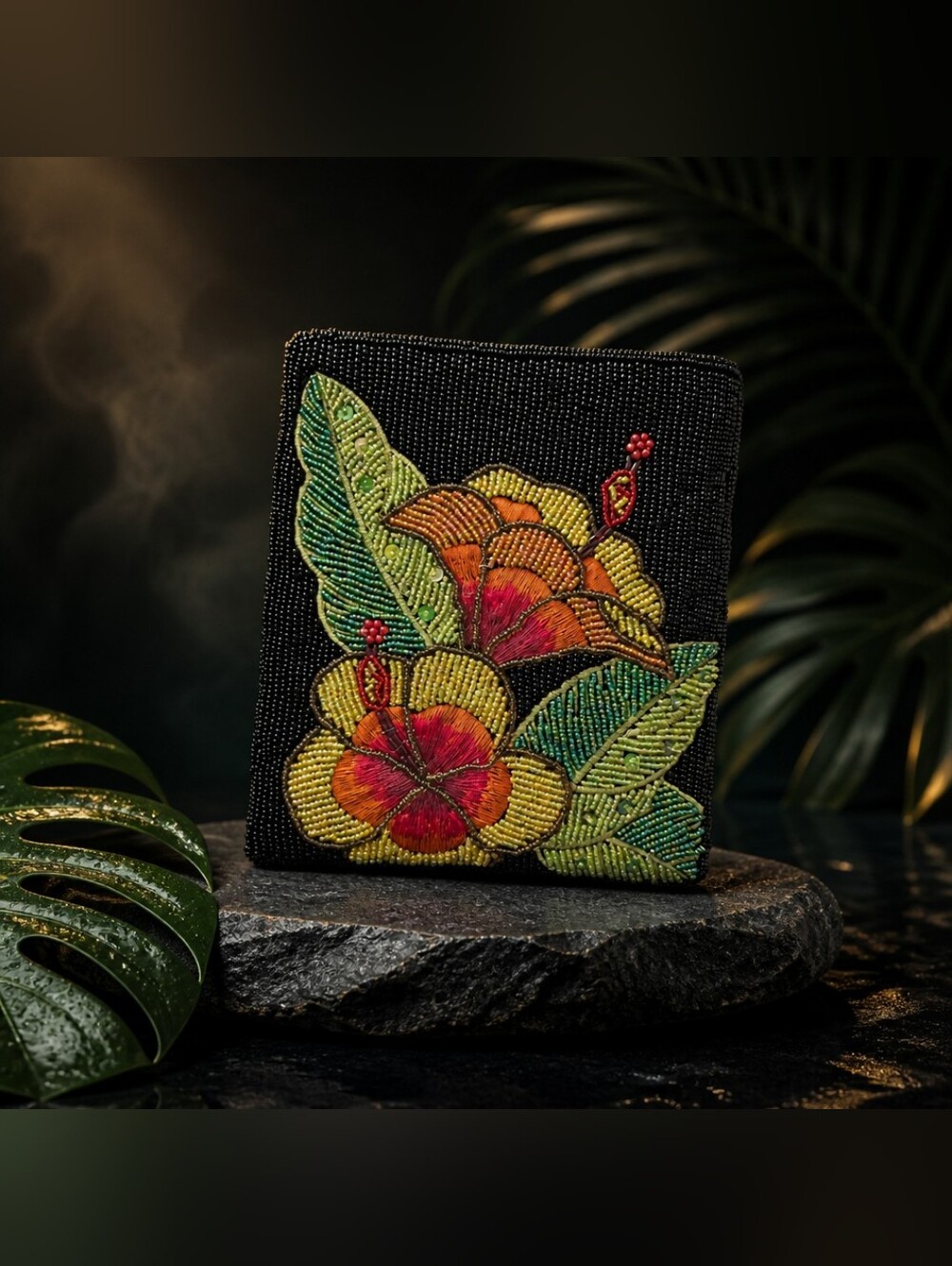 Beaded Floral Pouch - Yellow & Green Embroidery